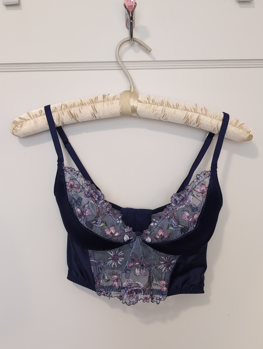 VS Navy Floral Hummingbird Embroidered Sheer Longline Bralette Htf